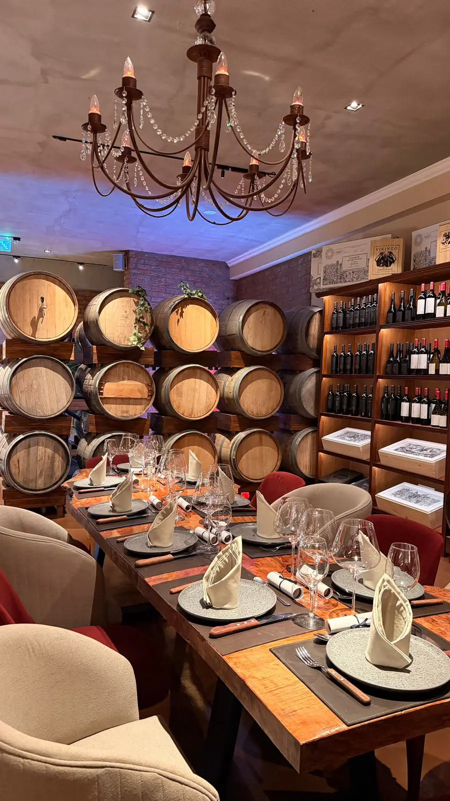 Mesa larga en la cava, bajo una araña, rodeada de barricas y vinos